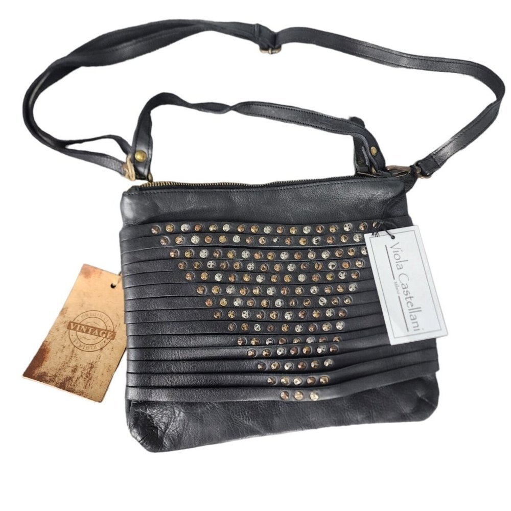 VIOLA CASTELLANI Made In Italy Leather Vintage Black Studed Shoulder Bag NWT